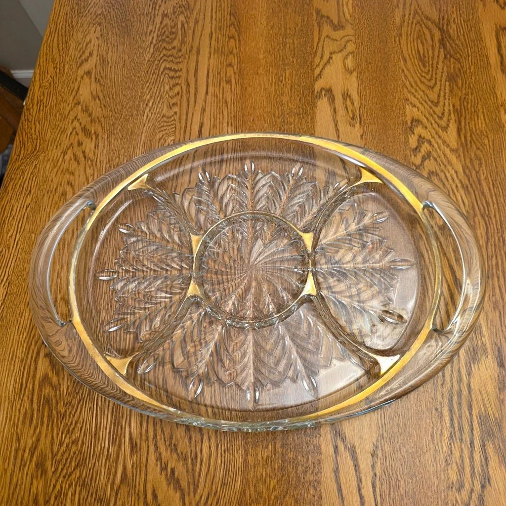 Vintage Jeannette Glass‎ Relish Tray Feather Pattern Five Section Gold Trim 15